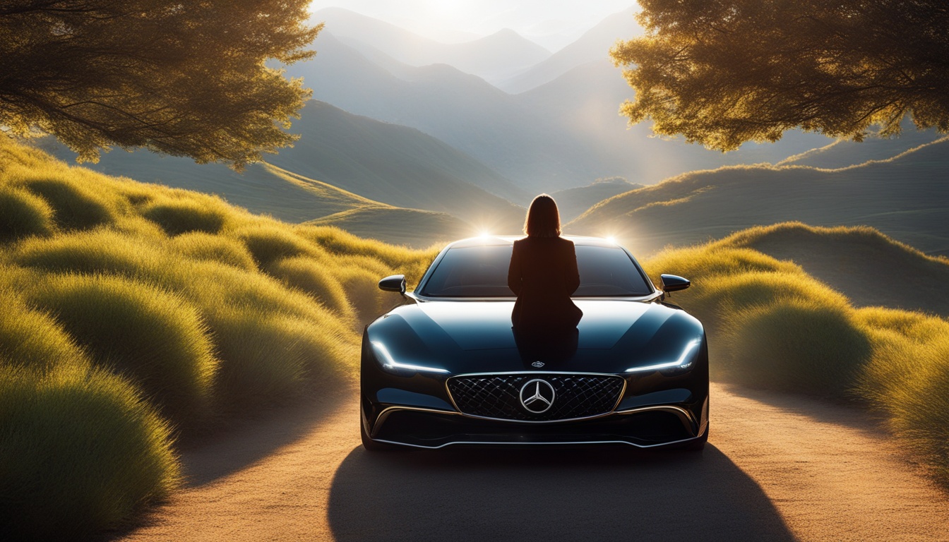 An image of a person sitting in front of a luxurious car, with their eyes closed and their hands clasped in a show of gratitude. The car should be shimmering in the sunlight and surrounded by a halo of positive energy. In the background, there should be a scenic view that symbolizes the person's sense of abundance and contentment. Perhaps there are rolling hills or a sparkling ocean, or maybe even a majestic mountain range. Above the person's head, there should be a glowing golden light that represents their connection to the universe and the power of manifestation. The overall feel of the image should be serene, peaceful, and deeply grateful.