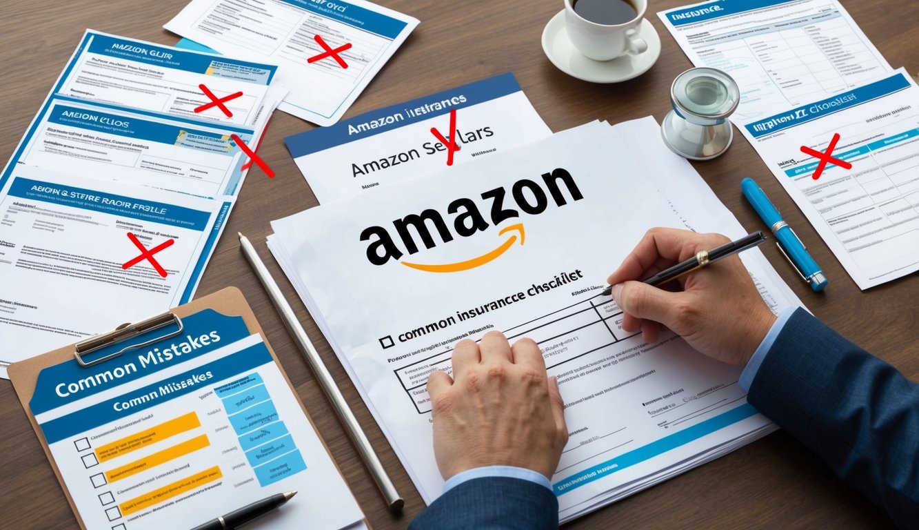 An Amazon seller surrounded by various insurance documents and a checklist, with a red X over common mistakes