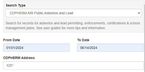 Visual example of search using date range and address with wild card for best search methodology.