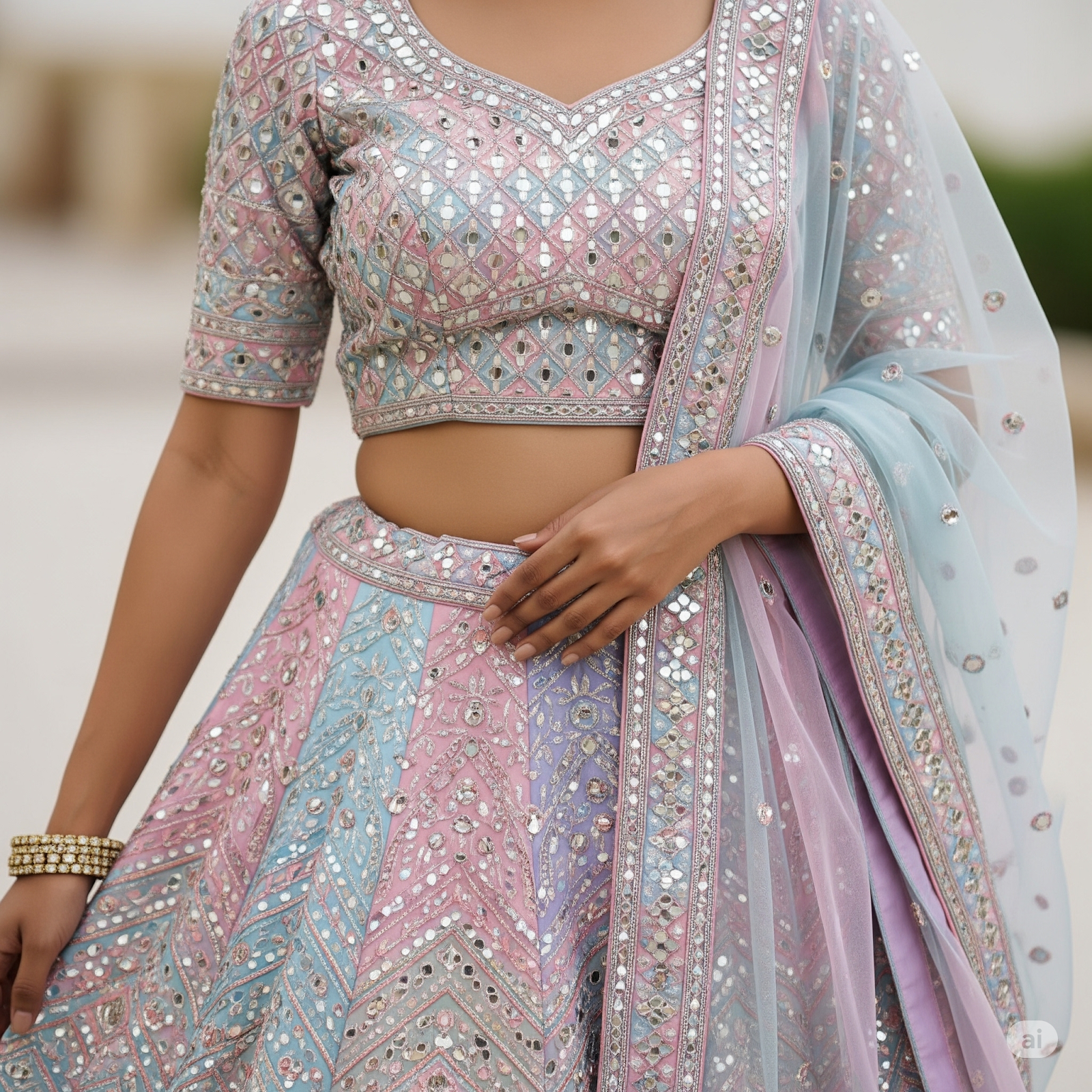  Mirror Work Pastel Lehenga