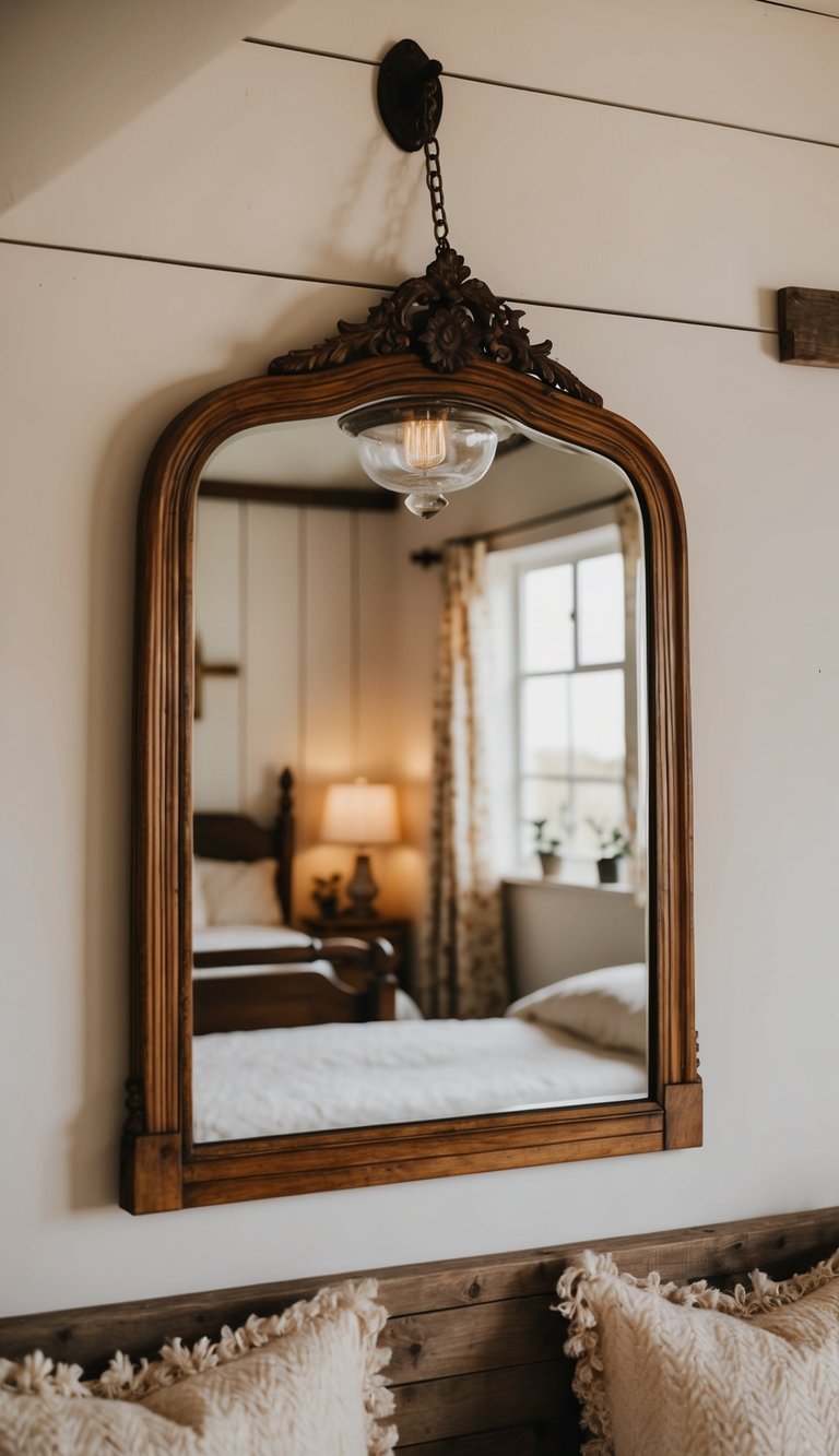 A vintage mirror hangs above a rustic farmhouse bedroom, reflecting the cozy atmosphere and charming decor