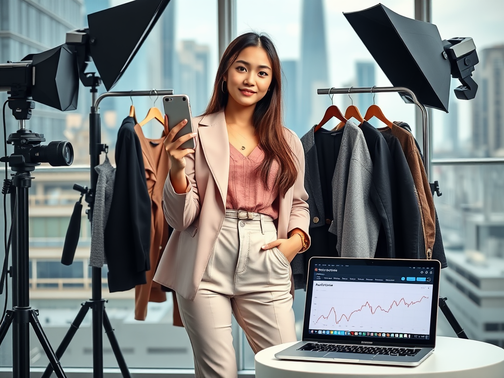 Create a realistic image of a young Asian female fashion influencer holding a smartphone, posing confidently in a stylish outfit against a cityscape background. She's standing next to a clothing rack with trendy garments, surrounded by professional lighting equipment. A laptop displaying social media analytics is visible nearby, emphasizing the partnership between the influencer and the fashion brand.