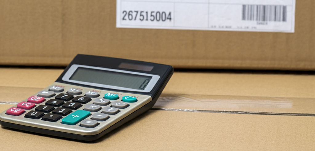 Calculator and a shipping box representing the cost of shipping a computer.