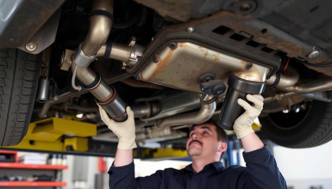 Mechanic replacing catalytic converter to fix P0430 car code