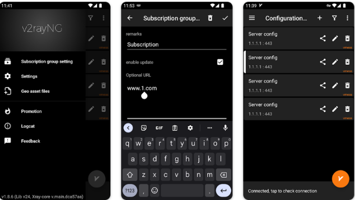 Screenshots of the v2rayNG app showing the main menu, subscription settings, and server configuration.