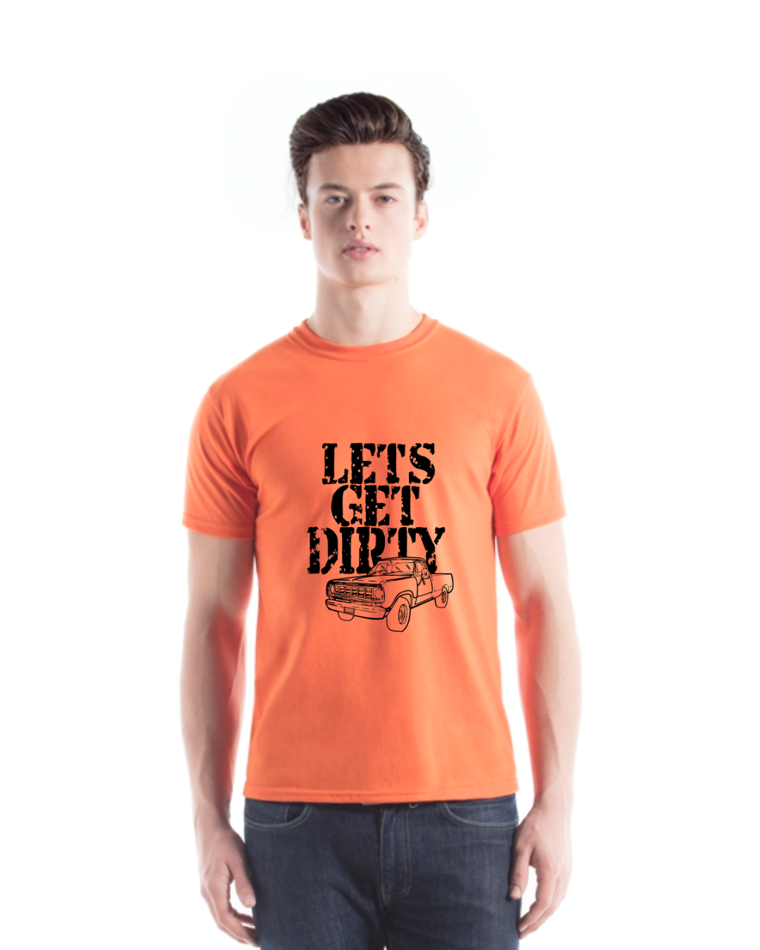 boy in orange dirt shirt design