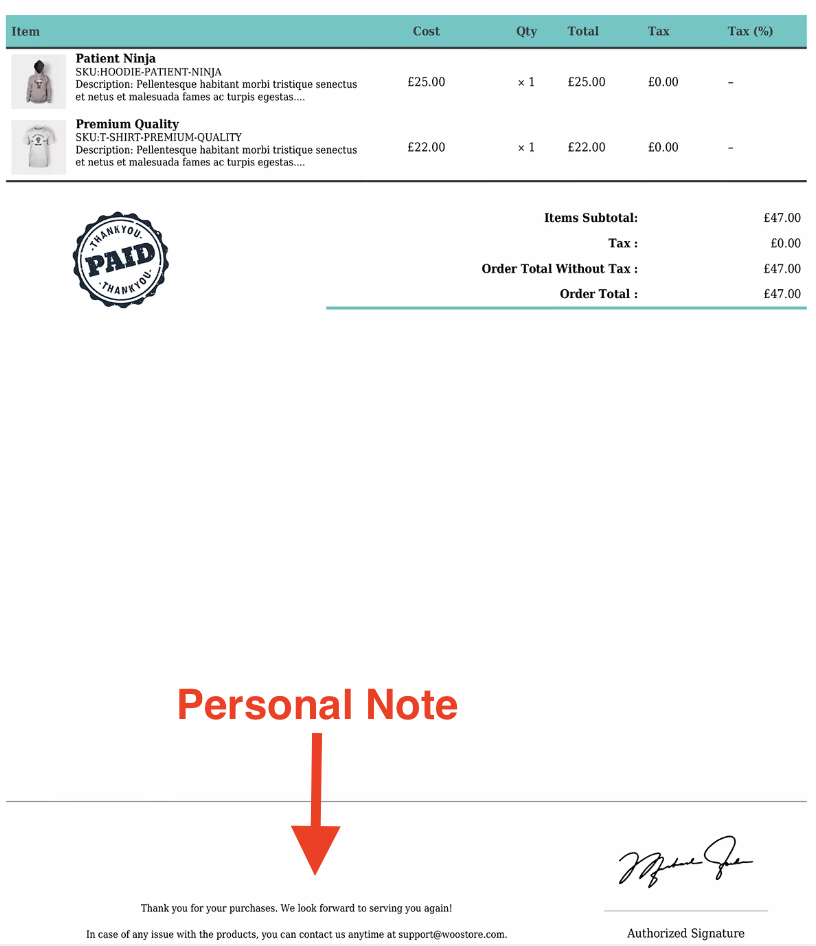 Personal Notes in an Invoice