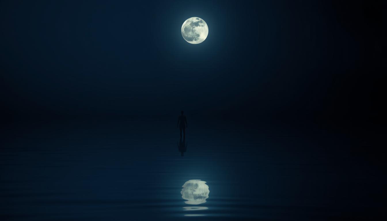 A serene, nighttime scene with a full moon shining down on a calm body of water. In the reflection of the water, there is an image of the specific person you desire to manifest love from. The person's reflection appears connected to yours, as if their emotional alignment is synced with yours. A faint glow radiates from the reflection, symbolizing the positive emotional energy being shared between you and the specific person.