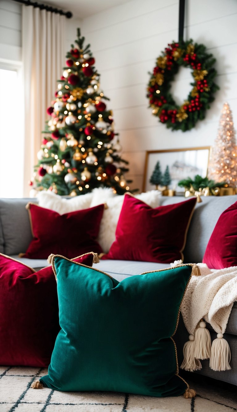 A cozy living room adorned with velvet throw pillows in rich Christmas colors, adding warmth and elegance to the festive decor