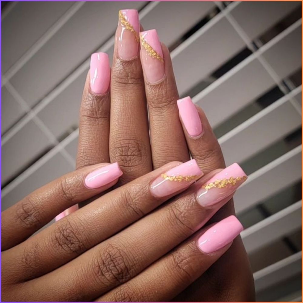 Close up of nails with simple pink nail designs having Combined designs