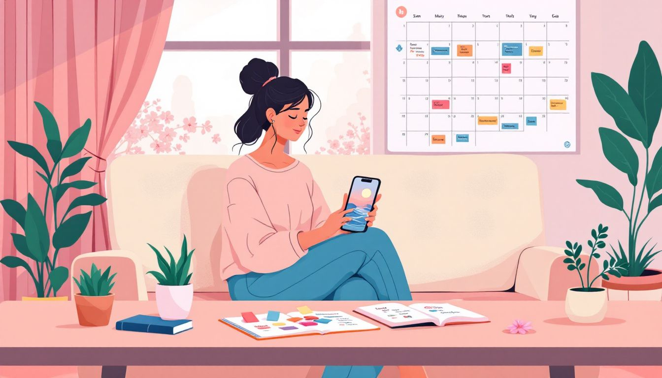 An illustration of a daily routine incorporating mental health apps for self-care.