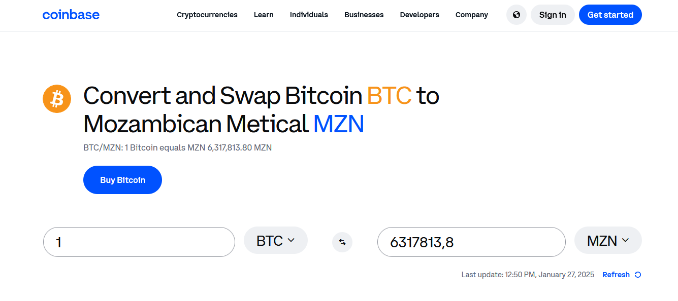 Coinbase crypto conversion page, from BTC to MZN