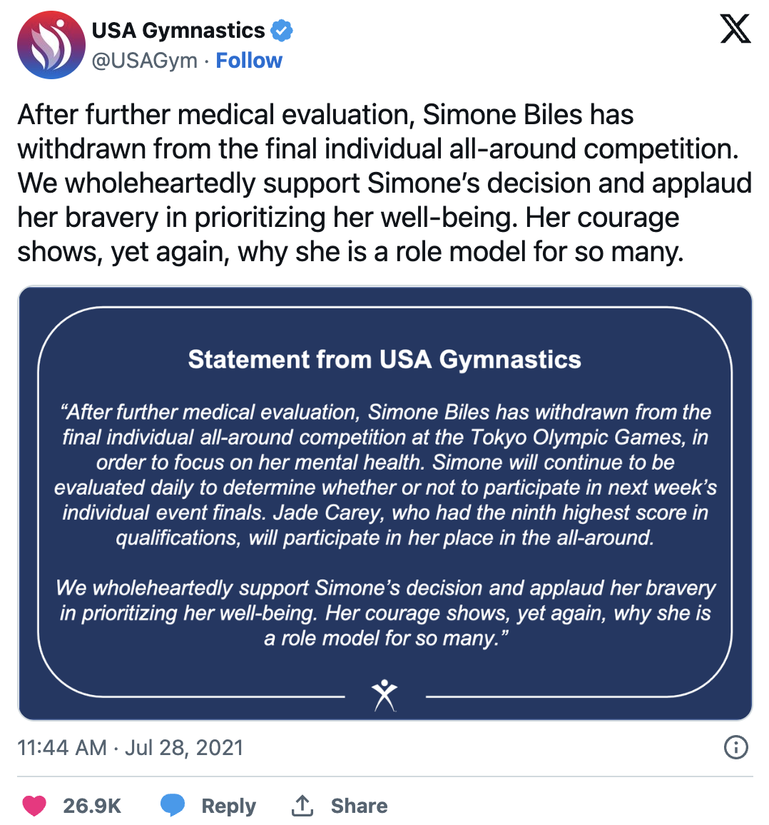 USA Gymnastics  tweet on Simone Biles's mental health well-being 