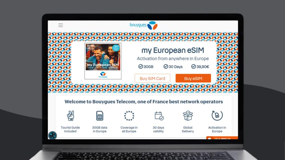 The website homepage of France-based eSIM provider Bouygues