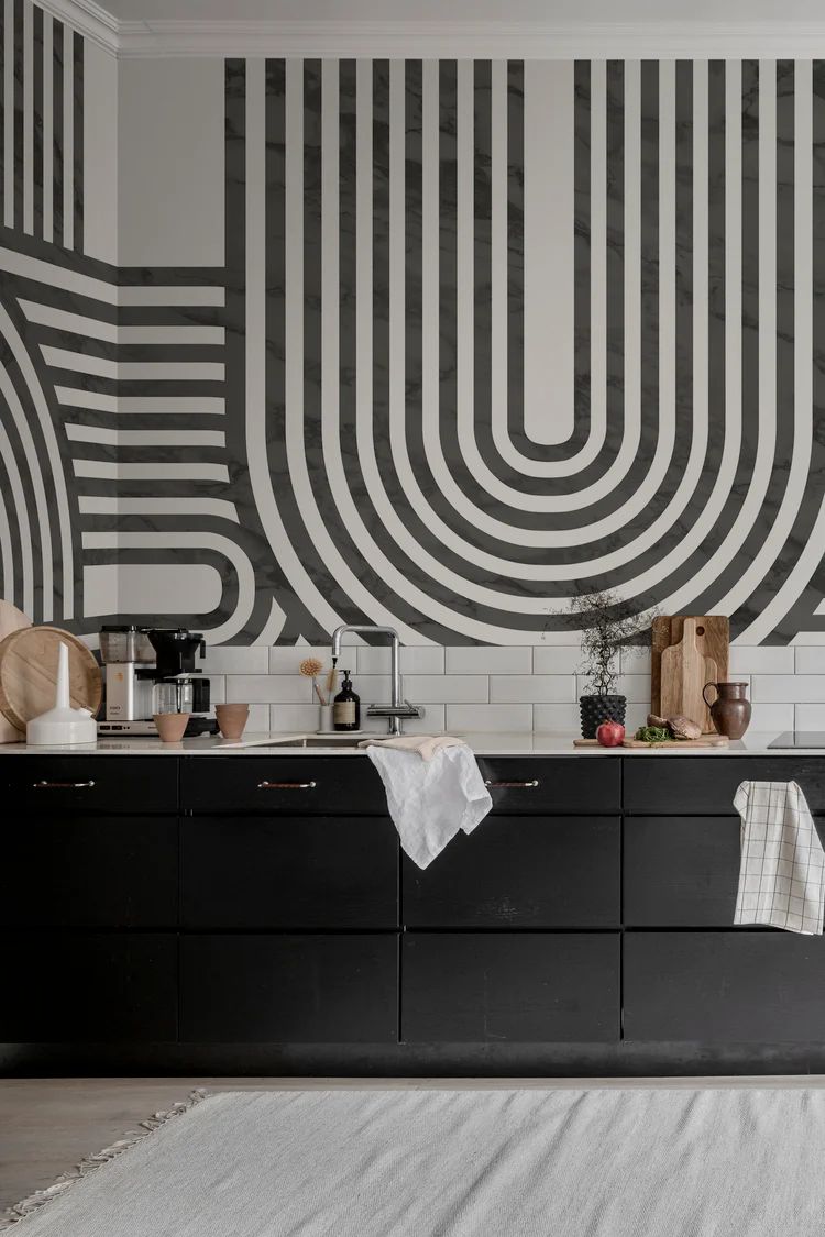geometric curved wallpaper in kitchen