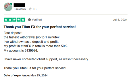 รีวิวจากผู้ใช้งาน Titan FX จาก Trustpilot 2