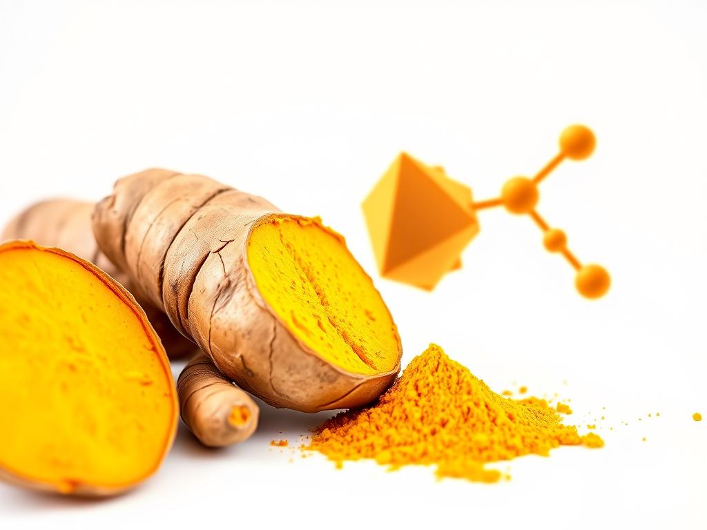 Turmeric root and powder with curcumin molecular structure