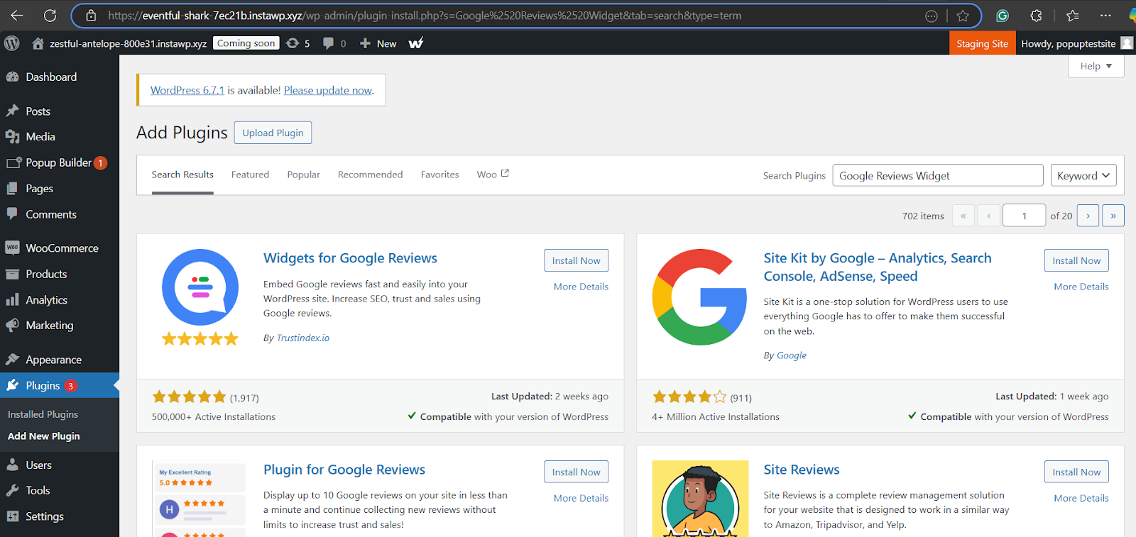 Search for a Google Reviews plugin (e.g., Google Reviews Widget or WP Google Review Slider).