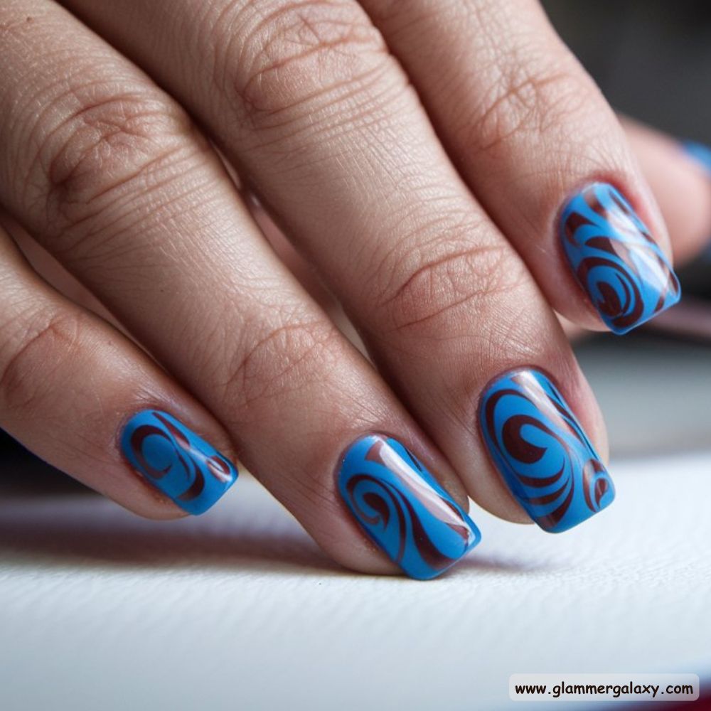 Blue and Brown Nails with Creative Funky Swirls