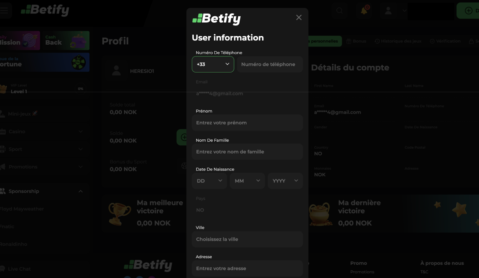 Inscription sur Betify