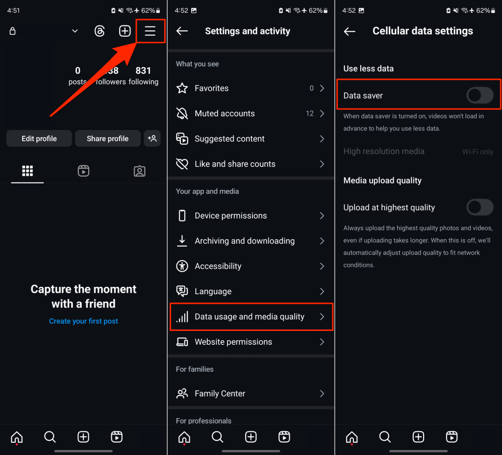 Steps to turn off Instagram's data saver on an Android device