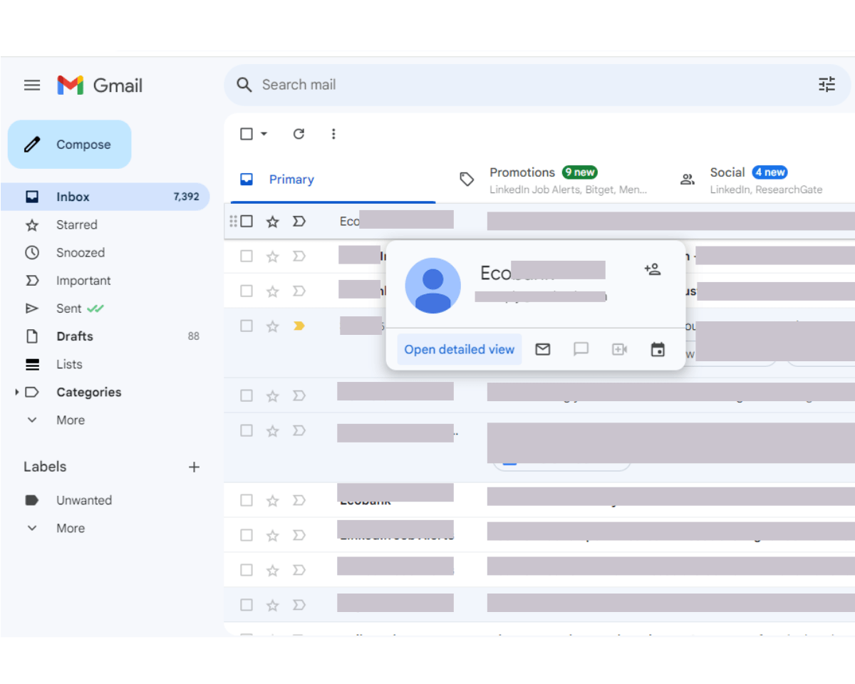 How to add contact to Gmail using an email: Hover your mouse over the sender name  