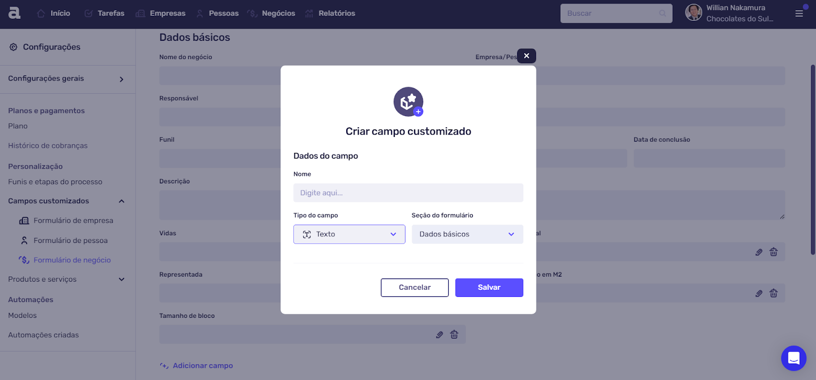 Como implementar CRM - Exemplo de campos personalizáveis do CRM do Agendor