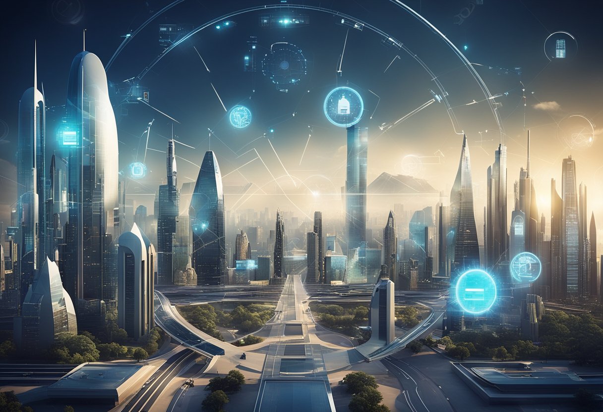 A futuristic city skyline with digital SEO tools and technologies integrated into the architecture, showcasing the ongoing relevance of SEO in 2025