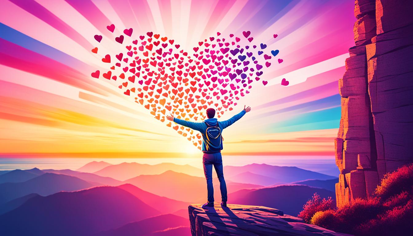 A person standing confidently at the edge of a cliff, looking out at a beautiful sunset with arms outstretched. The person is surrounded by heart shapes and there are arrows pointing towards them, symbolizing taking inspired action for love. The background is filled with vibrant colors representing passion and excitement.