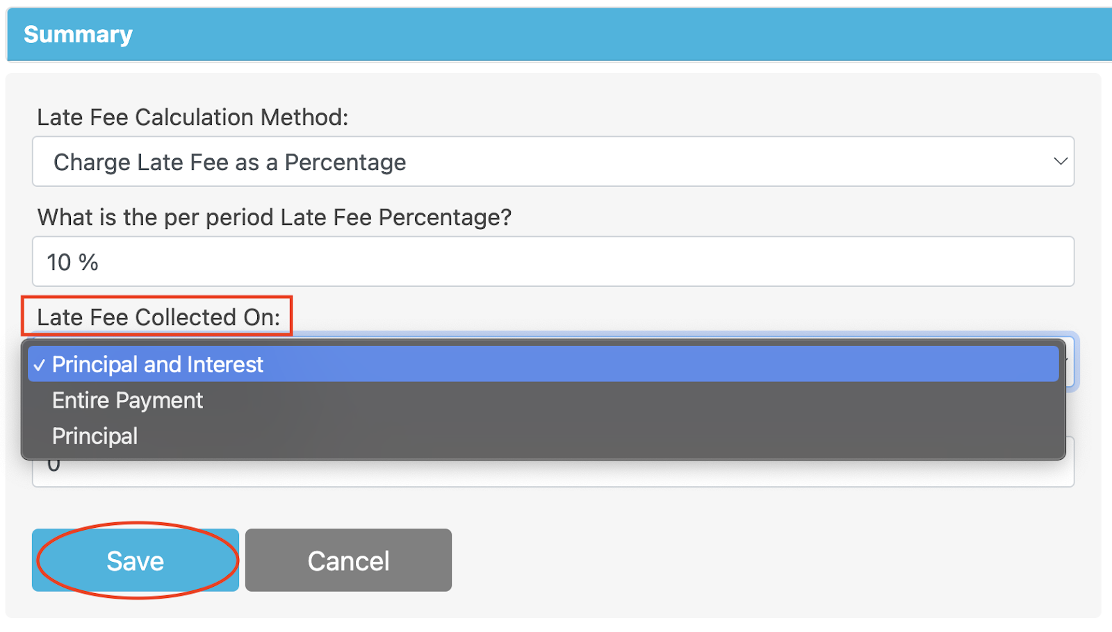 Late fee calculation setup interface displaying options for percentage-based late fee application, collection method selection, and configurable rate settings.