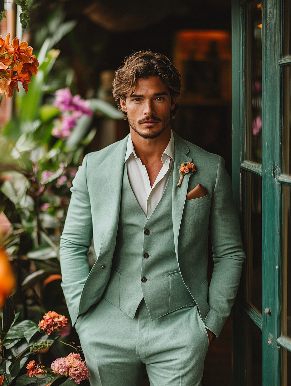 
young man standing in Soft green suit, sage or mint shades, perfect for spring weddings, fresh and vibrant, ideal for outdoor or garden settings, relaxed yet refined, suitable for laid-back formal events