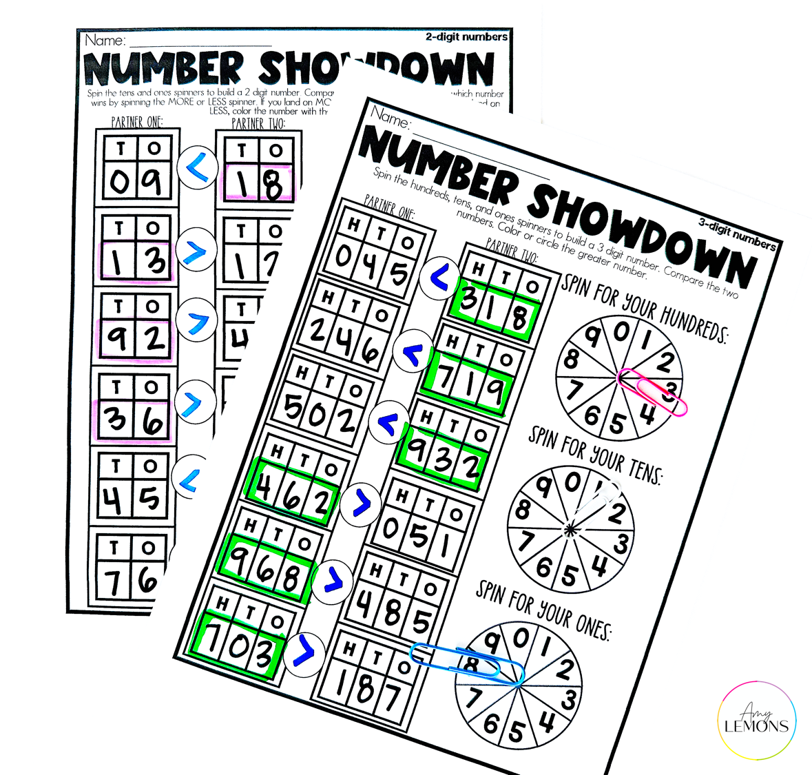 Number showdown comparing numbers printable to use with place value partner activities