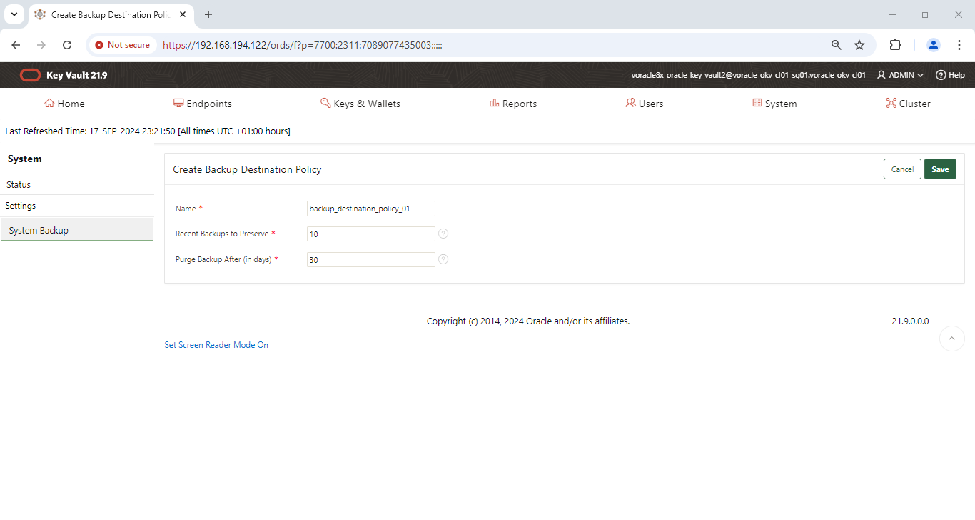 Create Backup Destination Policy - Google Chrome