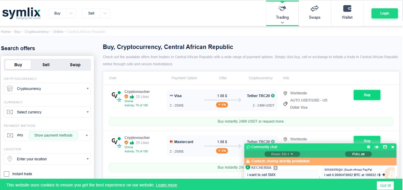  A screenshot of the webpage where Central Africans can buy cryptocurrencies on Symlix