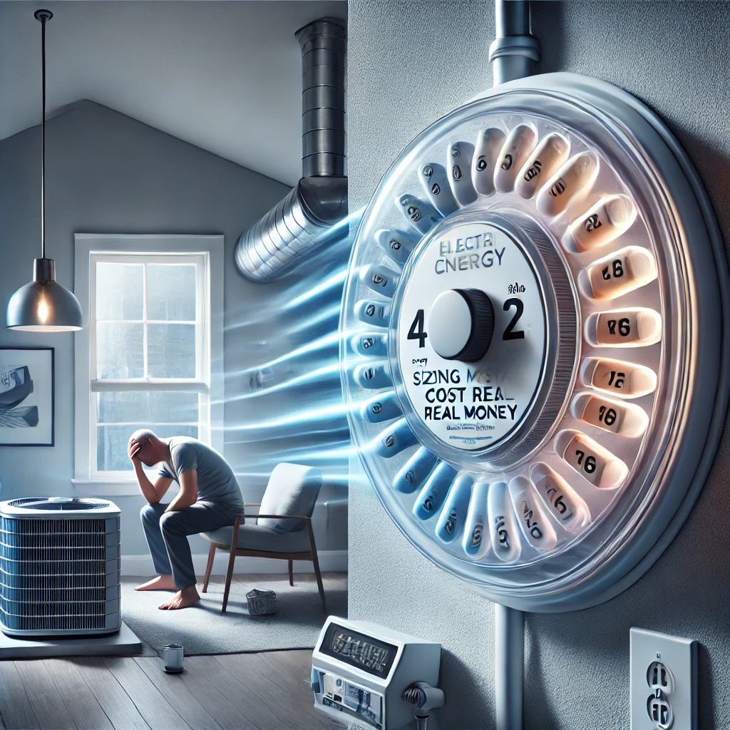 Fast-spinning electric meter with worn HVAC components and a sweating homeowner, showing high energy use and system stress caused by poor AC sizing.