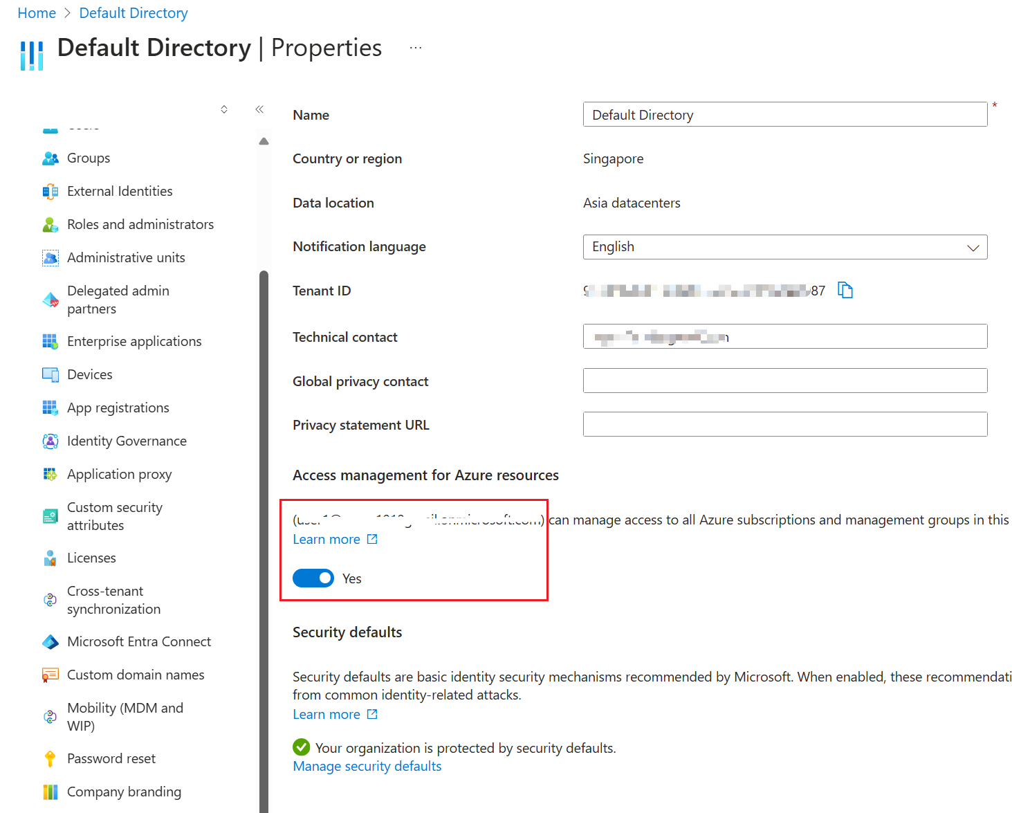 An image of the Default Directory "Properties" page in the Azure portal with the toggle for Access management for Azure resources highlighted.