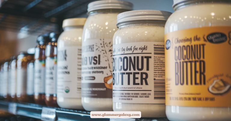 Jars of coconut butter on shelf with labels