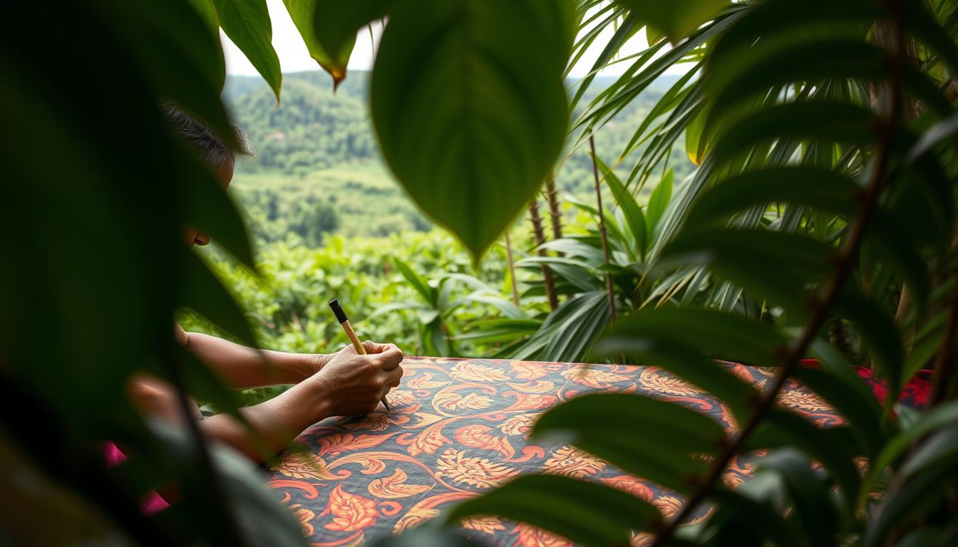 Lush tropical foliage frames an intricate batik pattern, its vibrant hues and flowing designs embodying the essence of sustainability. In the foreground, a skilled artisan meticulously applies wax to hand-drawn motifs, preserving centuries-old techniques. Soft, diffused lighting casts a warm glow, highlighting the rich textures and the artisan's focused expression. In the background, a verdant landscape suggests the harmony between nature and traditional craft, the batik's organic patterns mirroring the lush surroundings. A sense of tranquility and timelessness pervades the scene, reflecting the enduring spirit of Batik Lestari and its commitment to sustainable, eco-friendly practices.