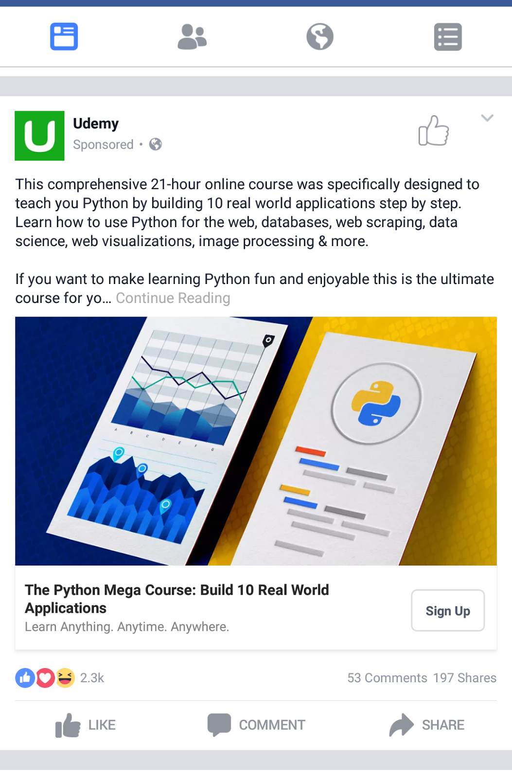 Udemy’s mobile Facebook ad