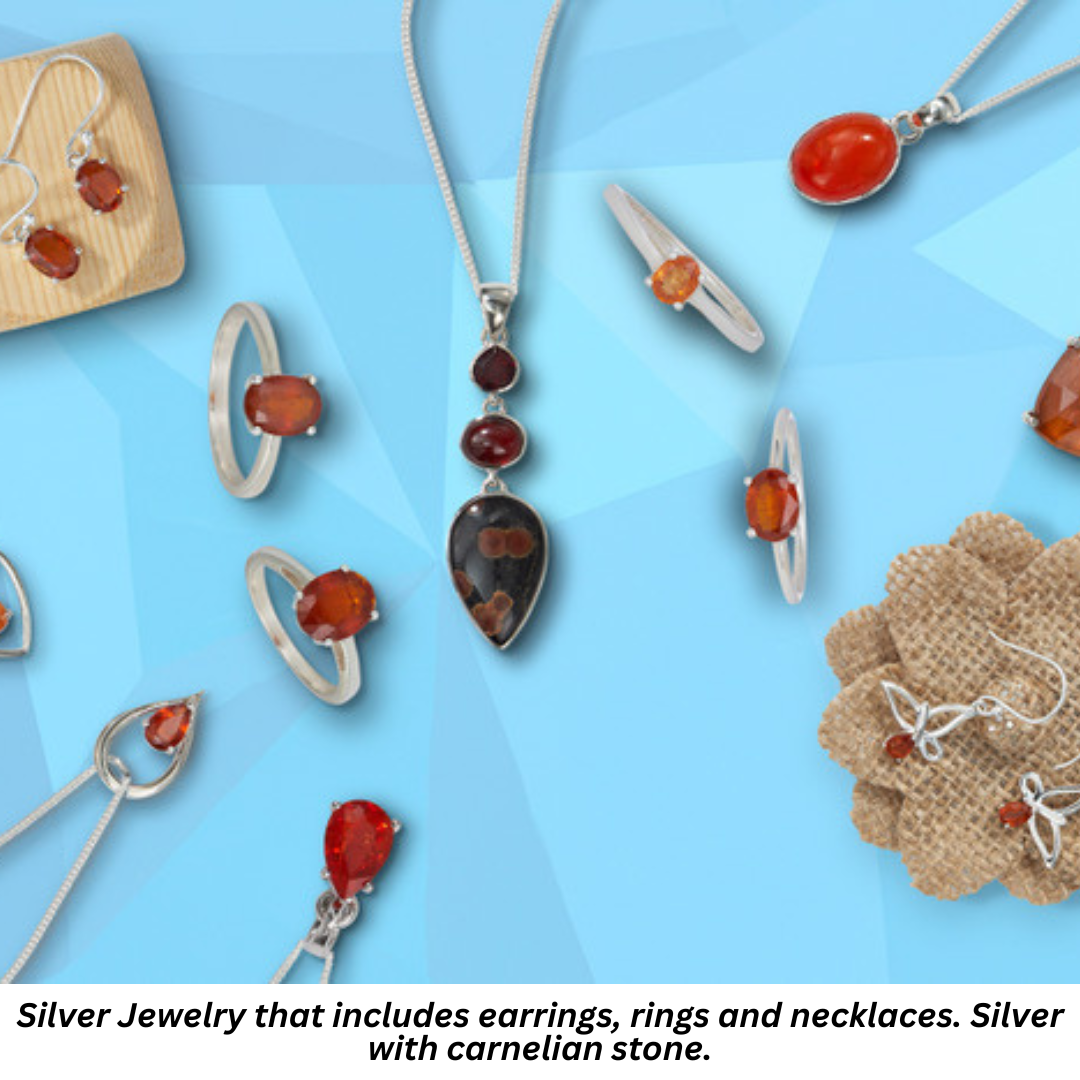 Silver Jewelry that includes earrings, rings and necklaces. Silver with carnelian stone.