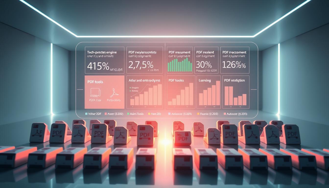 A high-resolution, visually striking comparison of the pdfdrive.to search engine alongside other popular PDF tools, showcased in a sleek, futuristic environment. The foreground features an array of PDF document icons, neatly arranged and illuminated by a warm, directional light source, casting subtle shadows. In the middle ground, a large, holographic-style display presents detailed statistics and performance metrics for the various PDF tools, creating an immersive, tech-savvy atmosphere. The background is a minimalist, monochromatic setting, with clean lines and geometric shapes, emphasizing the digital, data-driven nature of the comparison. The overall composition conveys a sense of professionalism, innovation, and the power of data-driven decision making.