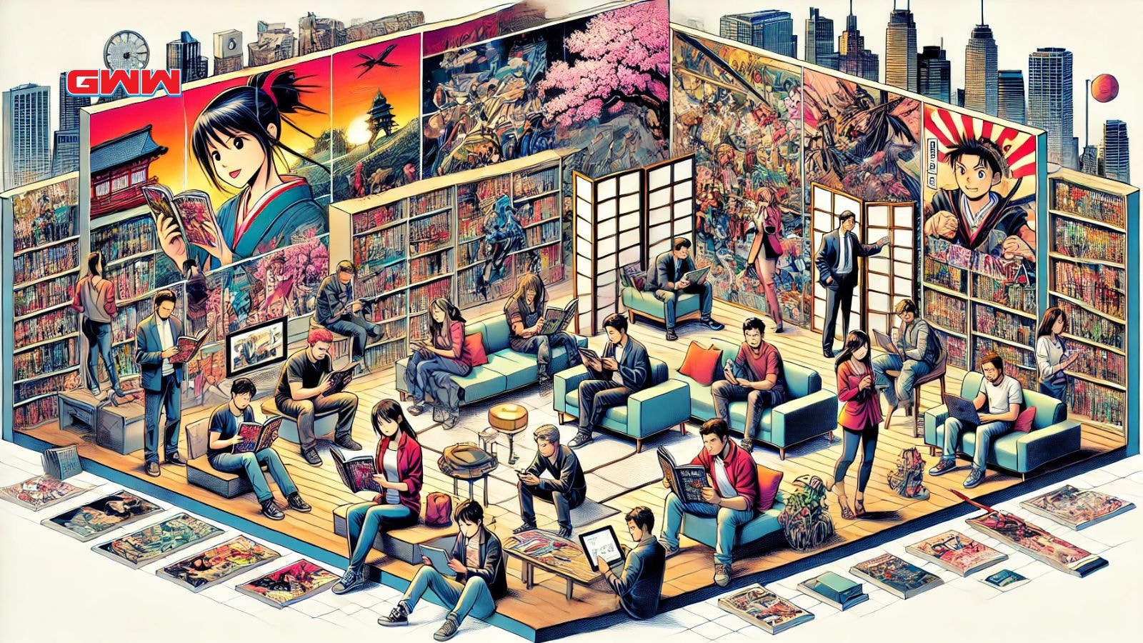 A vibrant manga library with people reading comics and browsing shelves