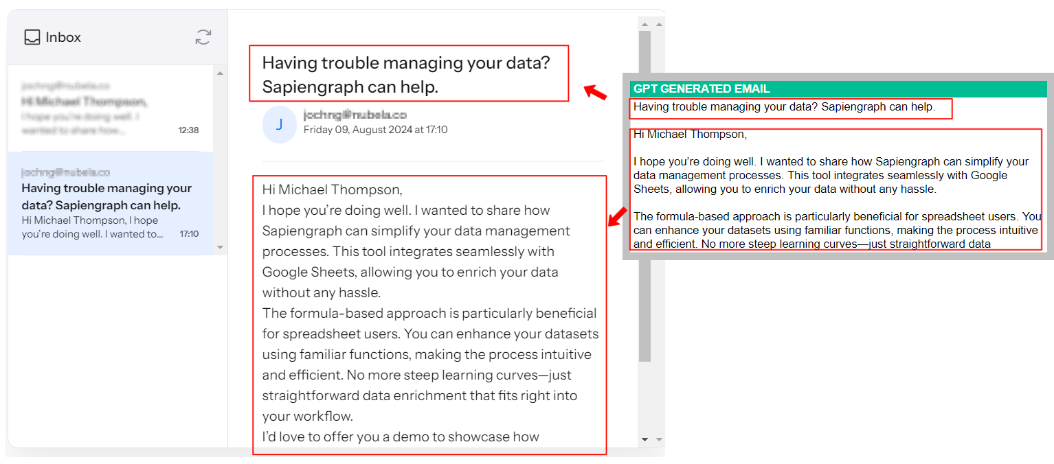 Comparison of GPT generated email in Google Sheets and actual email output