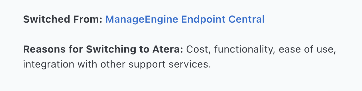 Atera review via Capterra. It says, "Reasons for Choosing Atera: Cost, functionality, ease of use, integration with other support services."