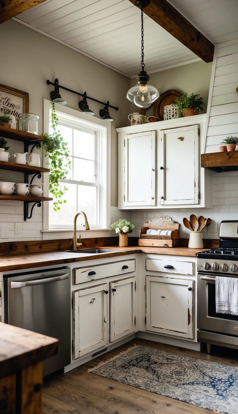 Rustic farmhouse kitchen with distressed white cabinets, wooden countertops, and vintage decor