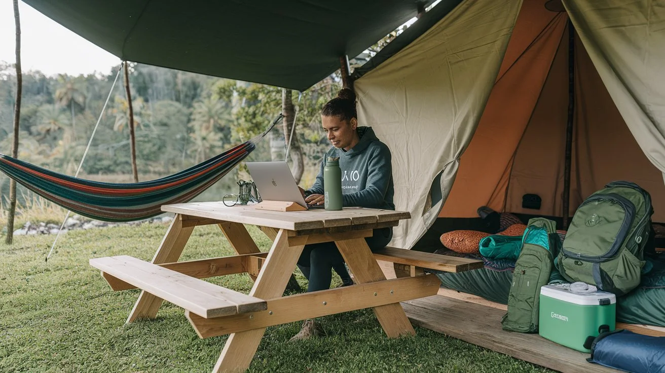 Digital nomad using a reusable water bottle and eco-friendly travel gear.