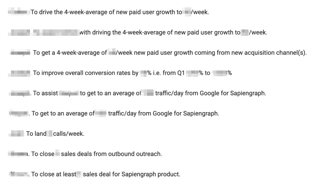 Redacted OKRs and KPIs for our sales and marketing team.
