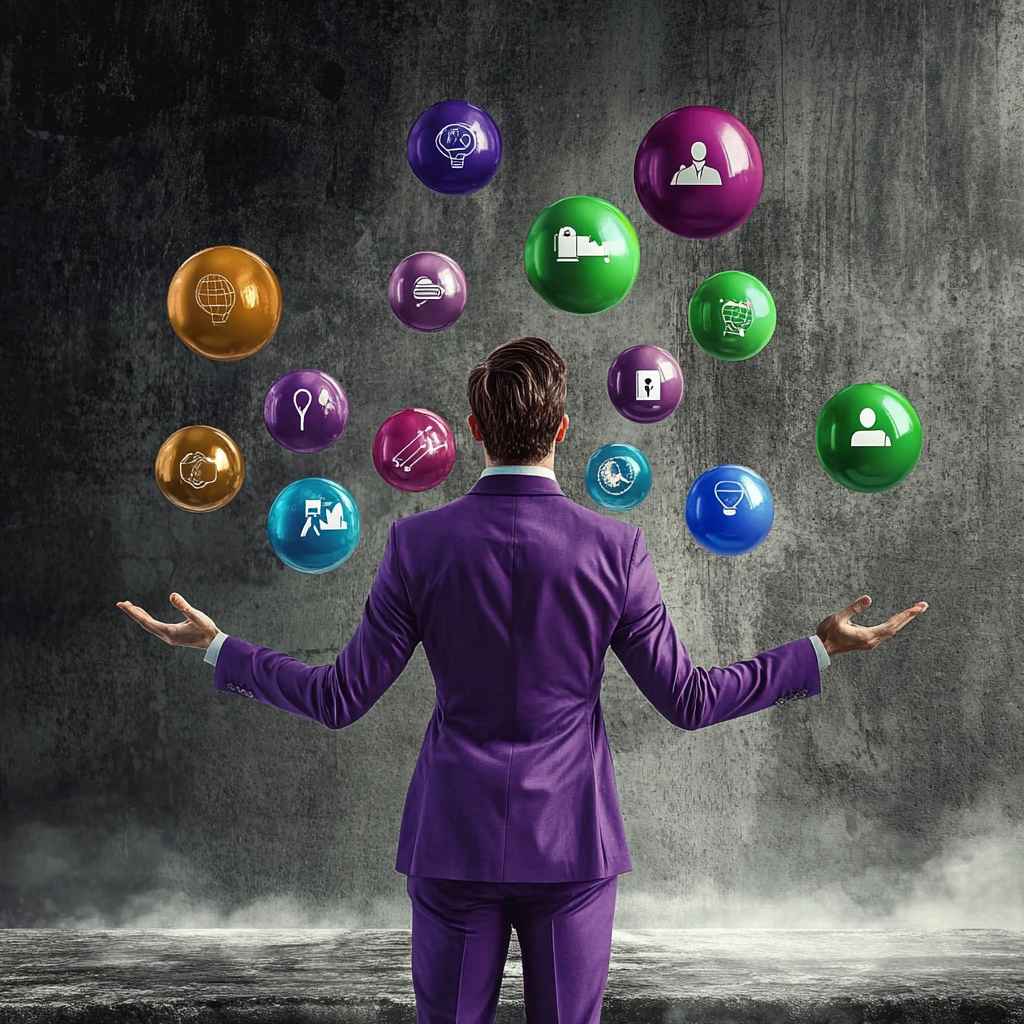 Executive leader juggling colorful balls labeled with key leadership skills, representing the multifaceted nature of effective leadership.