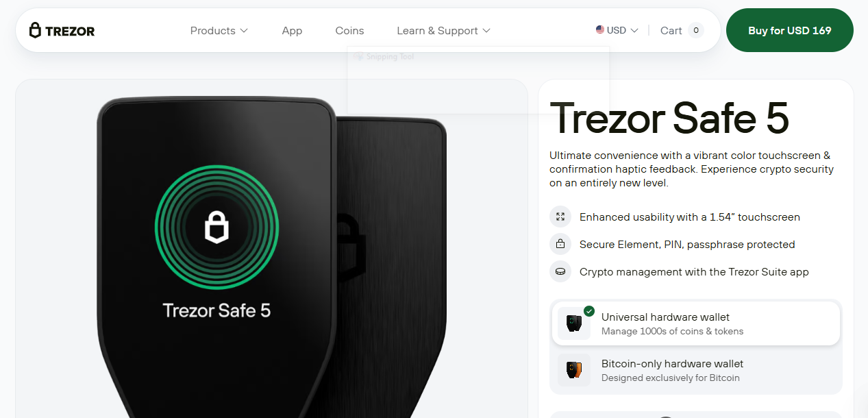 Offline crypto wallet: trezor safe 5