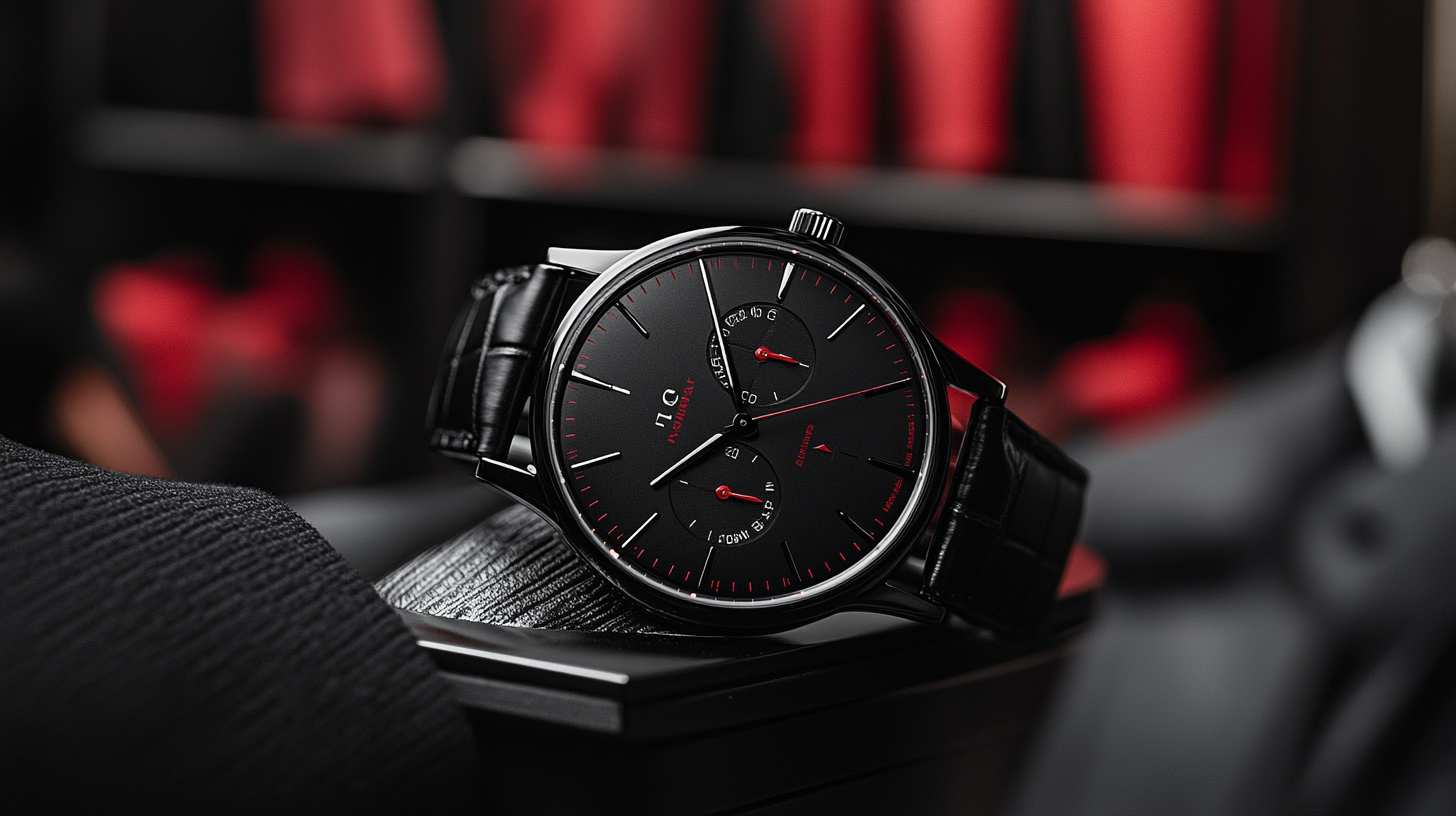 A sleek black leather strap watch with a minimalistic design, resting on a wrist in a black suit, displayed in front of a wardrobe full of black suits and red shirts hanging, exuding sophistication and elegance.